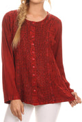 Sakkas  Fedella Deep Scoop Neck Long Sleeve Blouse Top With Adjustable Back Straps#color_Red