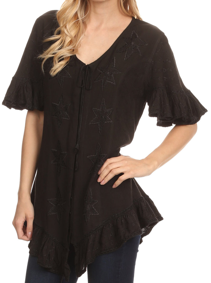 Sakkas Sayle Long Star Embroidered Blouse Shirt Top With Button Front And Ruffles