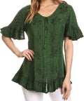 Sakkas Sayle Long Star Embroidered Blouse Shirt Top With Button Front And Ruffles#color_Green