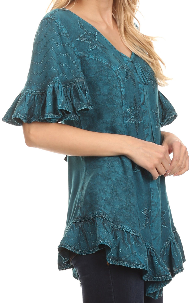Sakkas Sayle Long Star Embroidered Blouse Shirt Top With Button Front And Ruffles