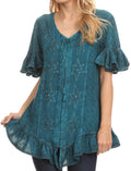 Sakkas Sayle Long Star Embroidered Blouse Shirt Top With Button Front And Ruffles#color_Turquoise