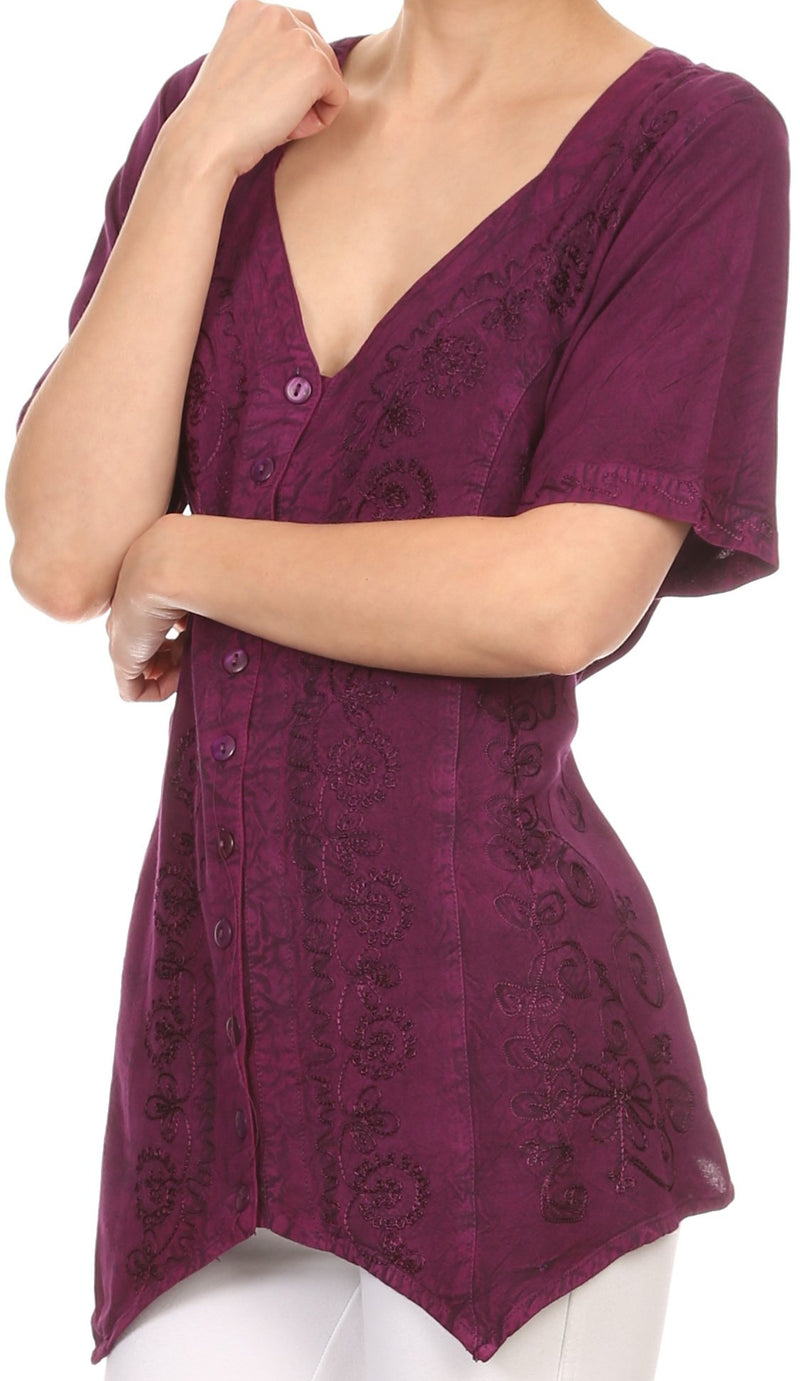 Sakkas Klaniya V Neck Button Down Embroidered Short Sleeve Light Blouse Shirt Top