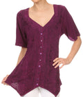 Sakkas Klaniya V Neck Button Down Embroidered Short Sleeve Light Blouse Shirt Top#color_Plum