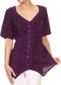 Sakkas Klaniya V Neck Button Down Embroidered Short Sleeve Light Blouse Shirt Top#color_Purple