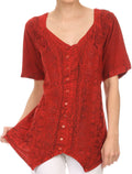 Sakkas Klaniya V Neck Button Down Embroidered Short Sleeve Light Blouse Shirt Top#color_Red
