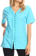 Sakkas Estella Womens Short Sleeve V neck Button Down Top Blouse with Embroidery#color_Turquoise