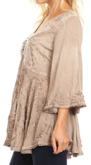 Sakkas Valeria Womens V neck Bohemian Ethnic Casual Flare Blouse Top Embroidered
