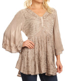 Sakkas Valeria Womens V neck Bohemian Ethnic Casual Flare Blouse Top Embroidered