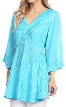 Sakkas Valeria Womens V neck Bohemian Ethnic Casual Flare Blouse Top Embroidered