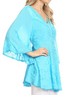 Sakkas Valeria Womens V neck Bohemian Ethnic Casual Flare Blouse Top Embroidered