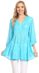 Sakkas Valeria Womens V neck Bohemian Ethnic Casual Flare Blouse Top Embroidered