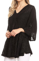 Sakkas Valeria Womens V neck Bohemian Ethnic Casual Flare Blouse Top Embroidered