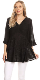 Sakkas Valeria Womens V neck Bohemian Ethnic Casual Flare Blouse Top Embroidered