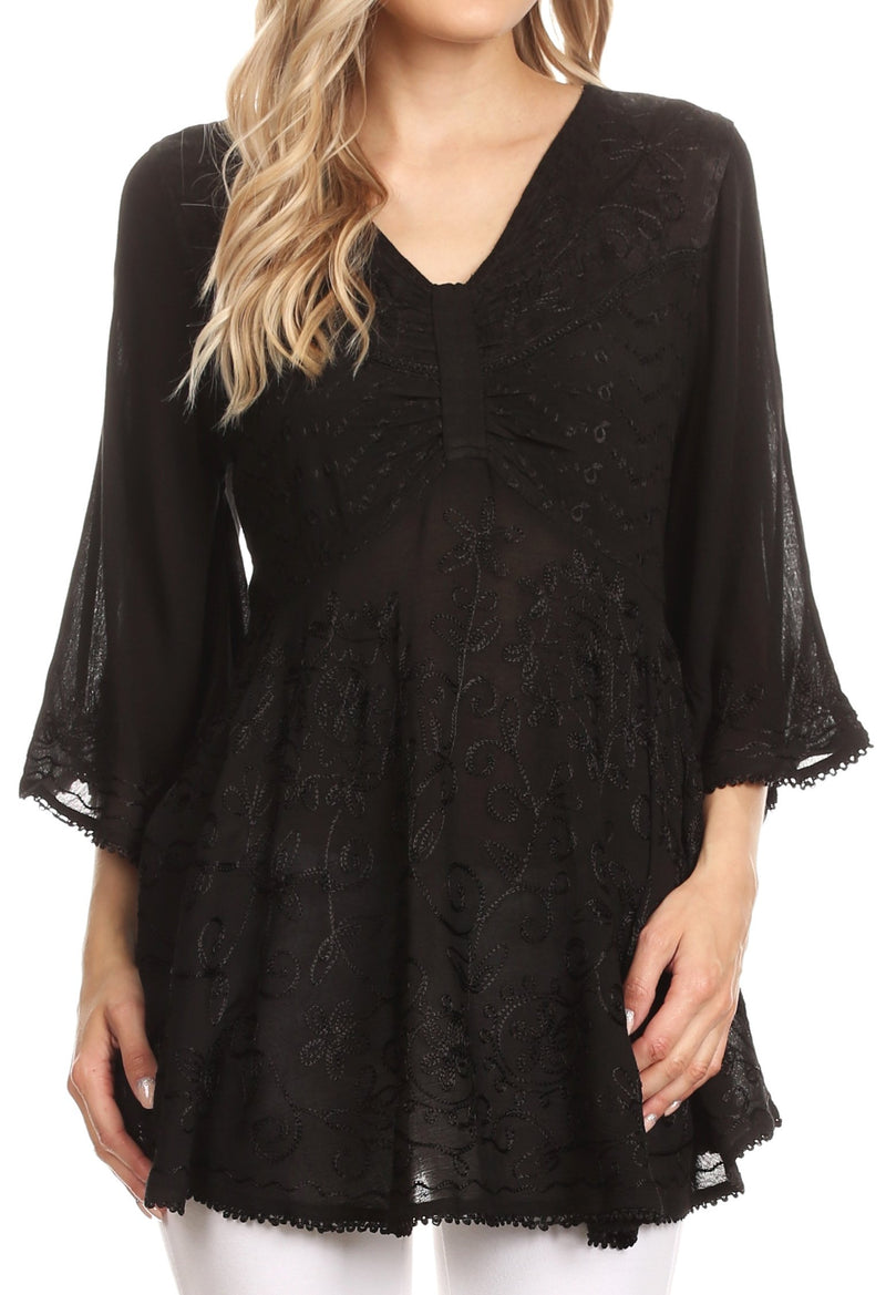 Sakkas Valeria Womens V neck Bohemian Ethnic Casual Flare Blouse Top Embroidered