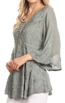 Sakkas Valeria Womens V neck Bohemian Ethnic Casual Flare Blouse Top Embroidered