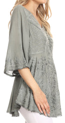 Sakkas Valeria Womens V neck Bohemian Ethnic Casual Flare Blouse Top Embroidered