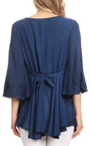 Sakkas Valeria Womens V neck Bohemian Ethnic Casual Flare Blouse Top Embroidered