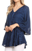 Sakkas Valeria Womens V neck Bohemian Ethnic Casual Flare Blouse Top Embroidered