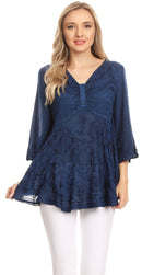 Sakkas Valeria Womens V neck Bohemian Ethnic Casual Flare Blouse Top Embroidered