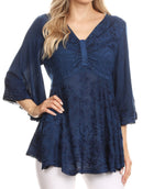 Sakkas Valeria Womens V neck Bohemian Ethnic Casual Flare Blouse Top Embroidered