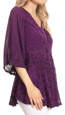 Sakkas Valeria Womens V neck Bohemian Ethnic Casual Flare Blouse Top Embroidered