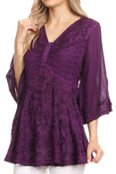 Sakkas Valeria Womens V neck Bohemian Ethnic Casual Flare Blouse Top Embroidered