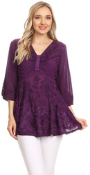 Sakkas Valeria Womens V neck Bohemian Ethnic Casual Flare Blouse Top Embroidered