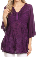 Sakkas Valeria Womens V neck Bohemian Ethnic Casual Flare Blouse Top Embroidered