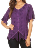 Sakkas Emma Womens Stonewashed V neck Short Sleeve Blouse Top Crochet Button Down#color_Purple