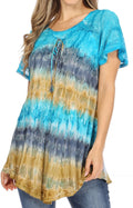Sakkas Monet Long Tall Tie Dye Ombre Embroidered Cap Sleeve Blouse Shirt Top#color_Blue/Beige
