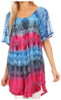 Sakkas Monet Long Tall Tie Dye Ombre Embroidered Cap Sleeve Blouse Shirt Top#color_Blue/Pink