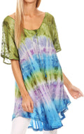Sakkas Monet Long Tall Tie Dye Ombre Embroidered Cap Sleeve Blouse Shirt Top#color_Green/Purple
