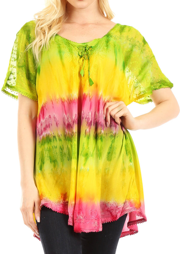 Sakkas Monet Long Tall Tie Dye Ombre Embroidered Cap Sleeve Blouse Shirt Top#color_Green/Yellow
