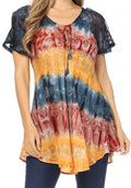 Sakkas Monet Long Tall Tie Dye Ombre Embroidered Cap Sleeve Blouse Shirt Top#color_Grey/Coral