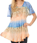 Sakkas Monet Long Tall Tie Dye Ombre Embroidered Cap Sleeve Blouse Shirt Top#color_Navy/Brown