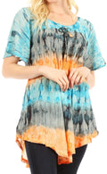 Sakkas Monet Long Tall Tie Dye Ombre Embroidered Cap Sleeve Blouse Shirt Top#color_Turquoise/Orange