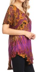 Sakkas Splenka Long Tie Dye Embroidered Corset Neck Cap Sleeve Blouse Shirt Top