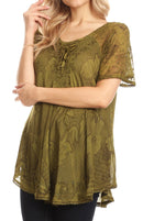 Sakkas Maliky Wide Corset Neck Floral Embroidered Cap Sleeve Blouse Top Shirt