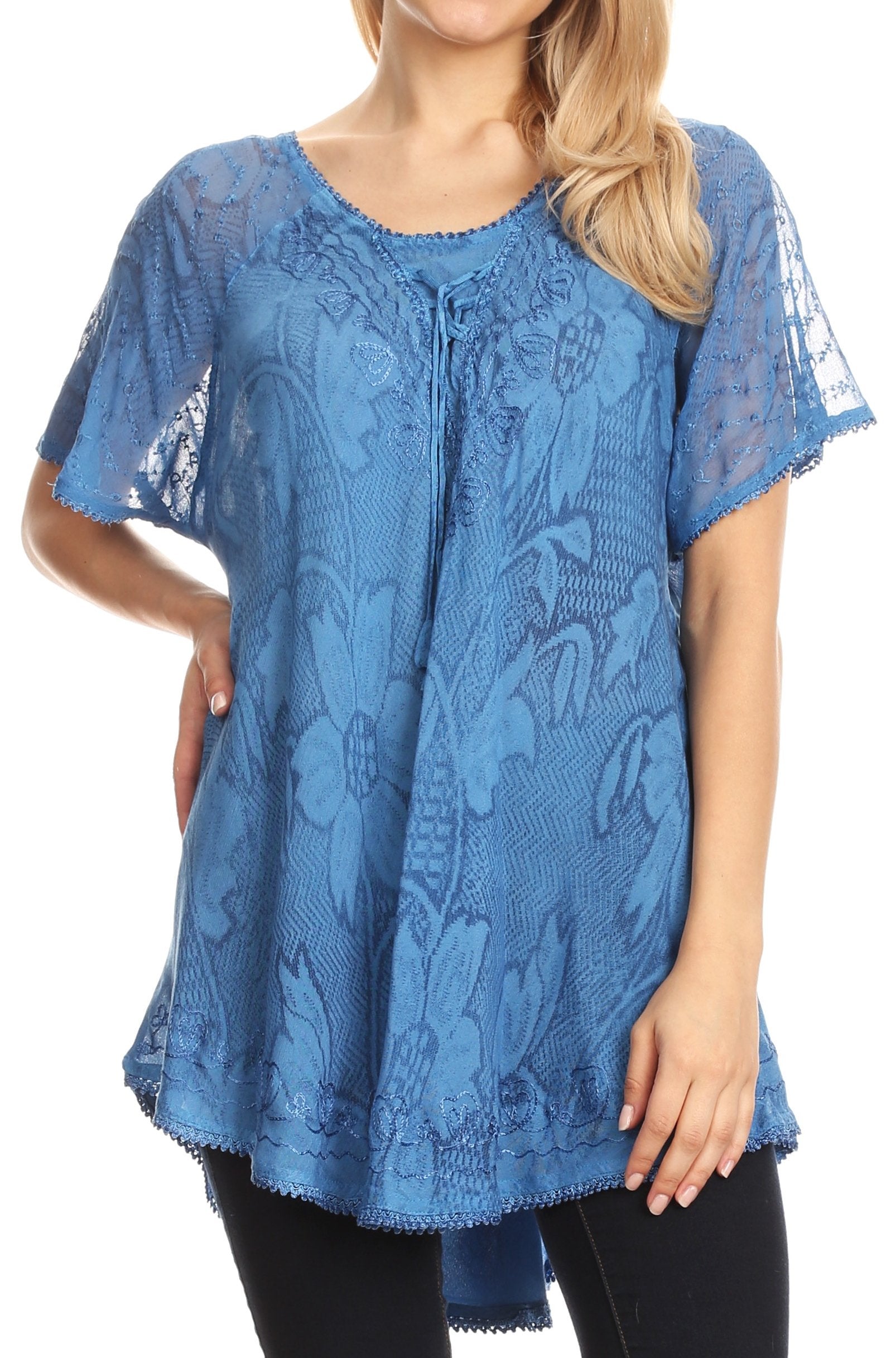 Sakkas Lesedi Top Blouse With Cap Sleeves Colorful Print and Rhinestones