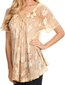 Sakkas Maliky Wide Corset Neck Floral Embroidered Cap Sleeve Blouse Top Shirt