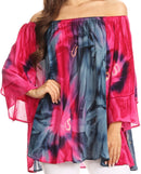 Sakkas Alania Watercolor Tie Dye Double Bell Sleeve Raglan Blouse
