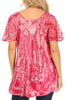 Sakkas Celia Marble Batik Short Sleeve Blouse/Top with Embroidery and Crochet