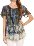 Sakkas Celia Marble Batik Short Sleeve Blouse/Top with Embroidery and Crochet#color_Turquoise