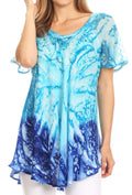 Sakkas Mira Tie Dye Two Tone Sheer Cap Sleeve Relaxed Fit Embellished Tunic Top#color_3-Turquoise