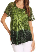 Sakkas Mira Tie Dye Two Tone Sheer Cap Sleeve Relaxed Fit Embellished Tunic Top#color_4-Green
