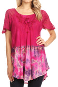 Sakkas Clarice Petite Raglan Lace Up Tie Dye Blouse with Embroidery and Sequins#color_Fuschia