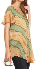 Sakkas Valencia Tie Dye Sheer Cap Sleeve Embellished Drawstring Scoop Neck Top