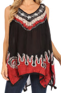 Sakkas Gaia V-neck Sleeveless Tank Top with Embroidery and Handkerchief Hem#color_Black/Red