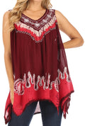 Sakkas Gaia V-neck Sleeveless Tank Top with Embroidery and Handkerchief Hem#color_Burgundy/Pink