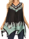 Sakkas Gaia V-neck Sleeveless Tank Top with Embroidery and Handkerchief Hem#color_Navy/Turquoise